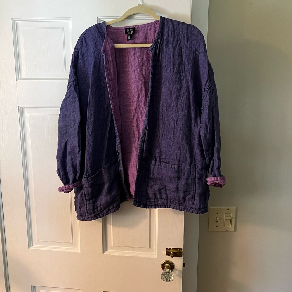 Vintage Eileen Fisher Irish Linen Denim Blue/ Purple interior Jacket 1X